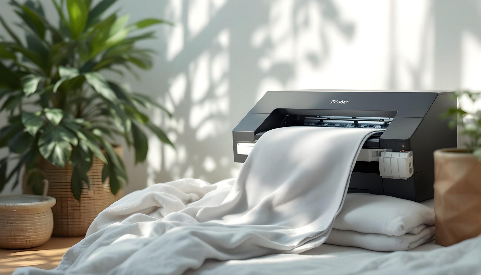 A Direct-to-Garment (DTG) printer printing a design on a piece of fabric, surrounded by natural light and potted plants, symbolizing sustainable and innovative printing technology.