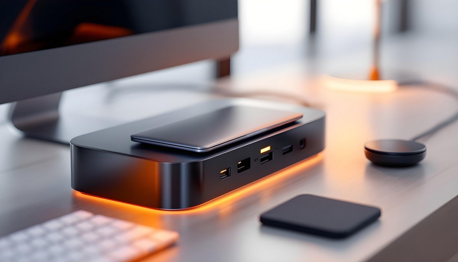 A sleek docking station on a modern desk setup, connected to a laptop, with glowing ambient lighting and multiple ports visible. Ideal for boosting laptop productivity and connectivity.