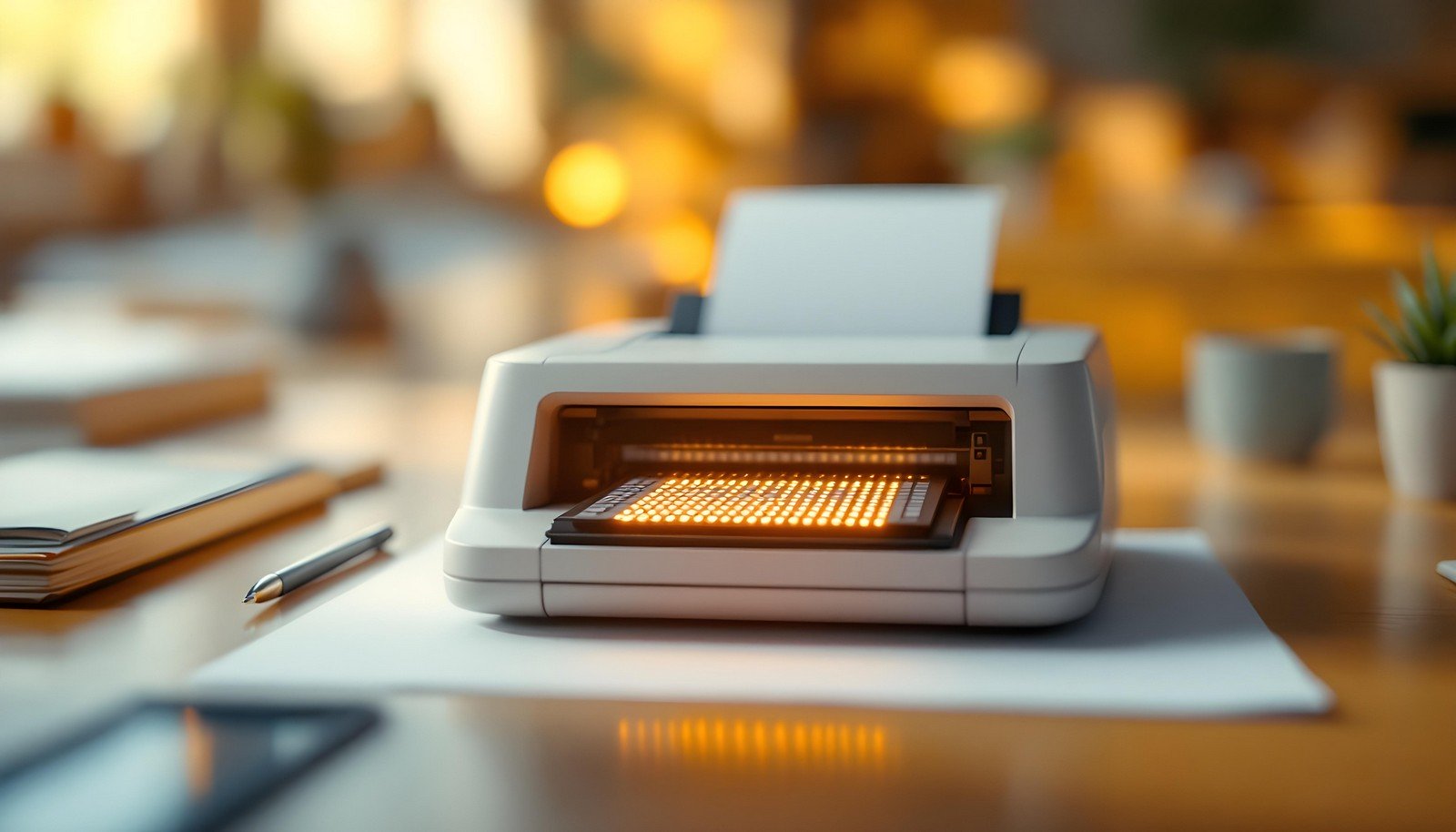 A close-up image of a dot matrix printer in action, showcasing its ink ribbon and dot-based printing mechanism, placed on a cluttered desk in a well-lit workspace.