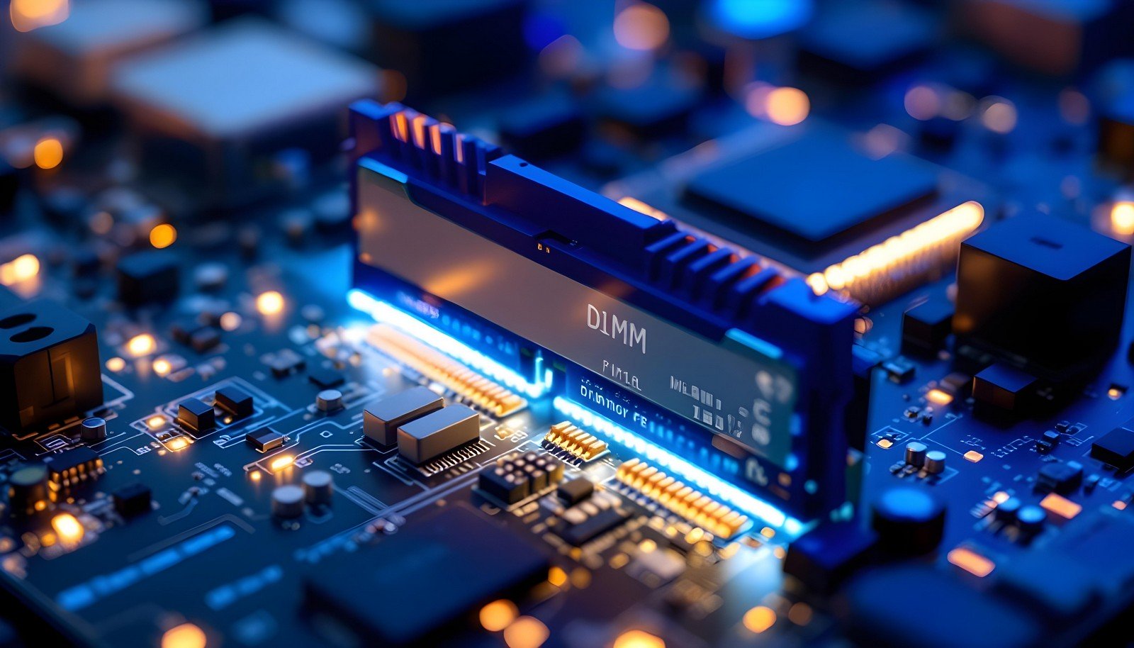 A close-up of a motherboard showing a DIMM slot with a RAM module installed, illuminated by vibrant blue and orange lighting.