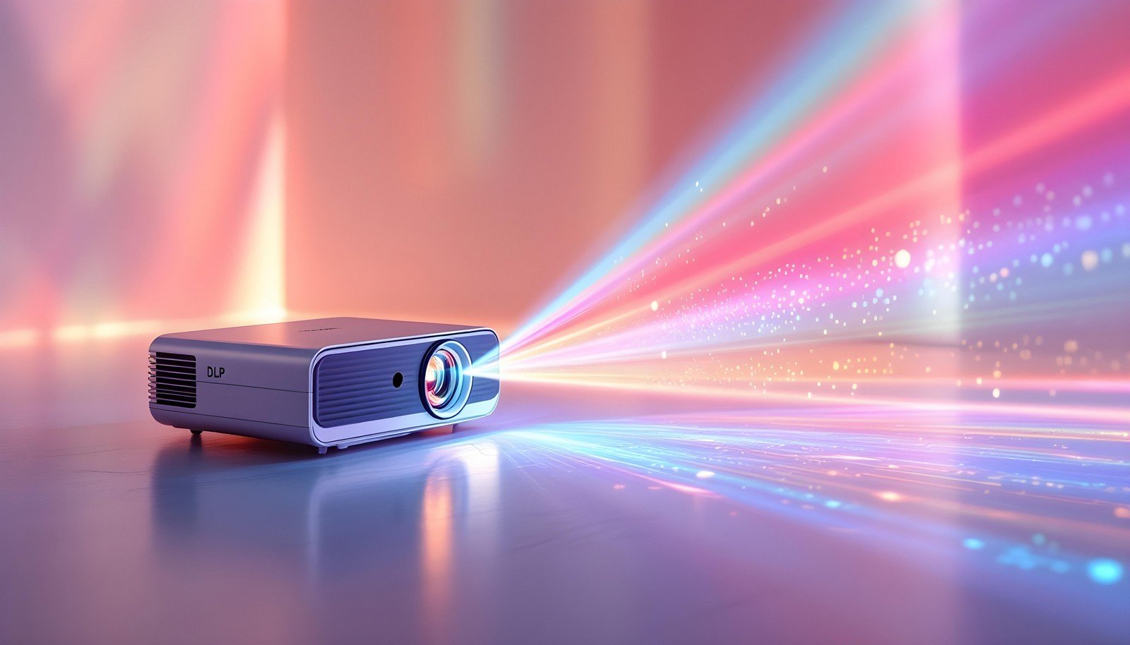 A sleek DLP projector emitting vibrant multicolored light beams, showcasing its high-quality projection capability in a stylish indoor setting.