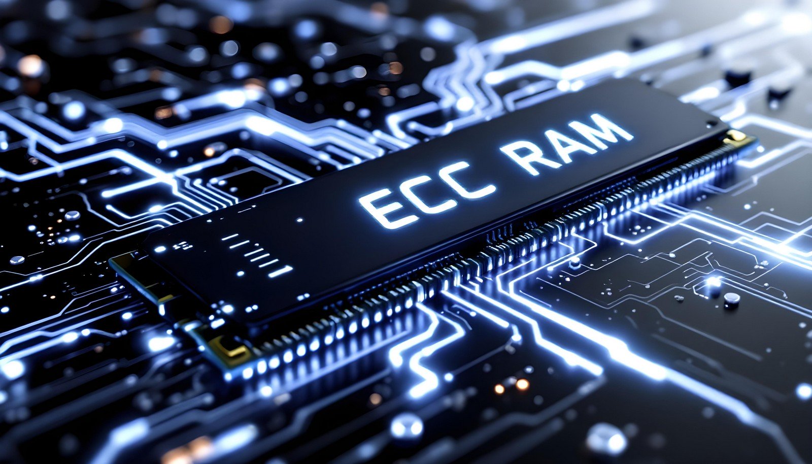 Illustration of ECC RAM highlighting its role in data reliability and memory error correction, set against a futuristic circuit board background.