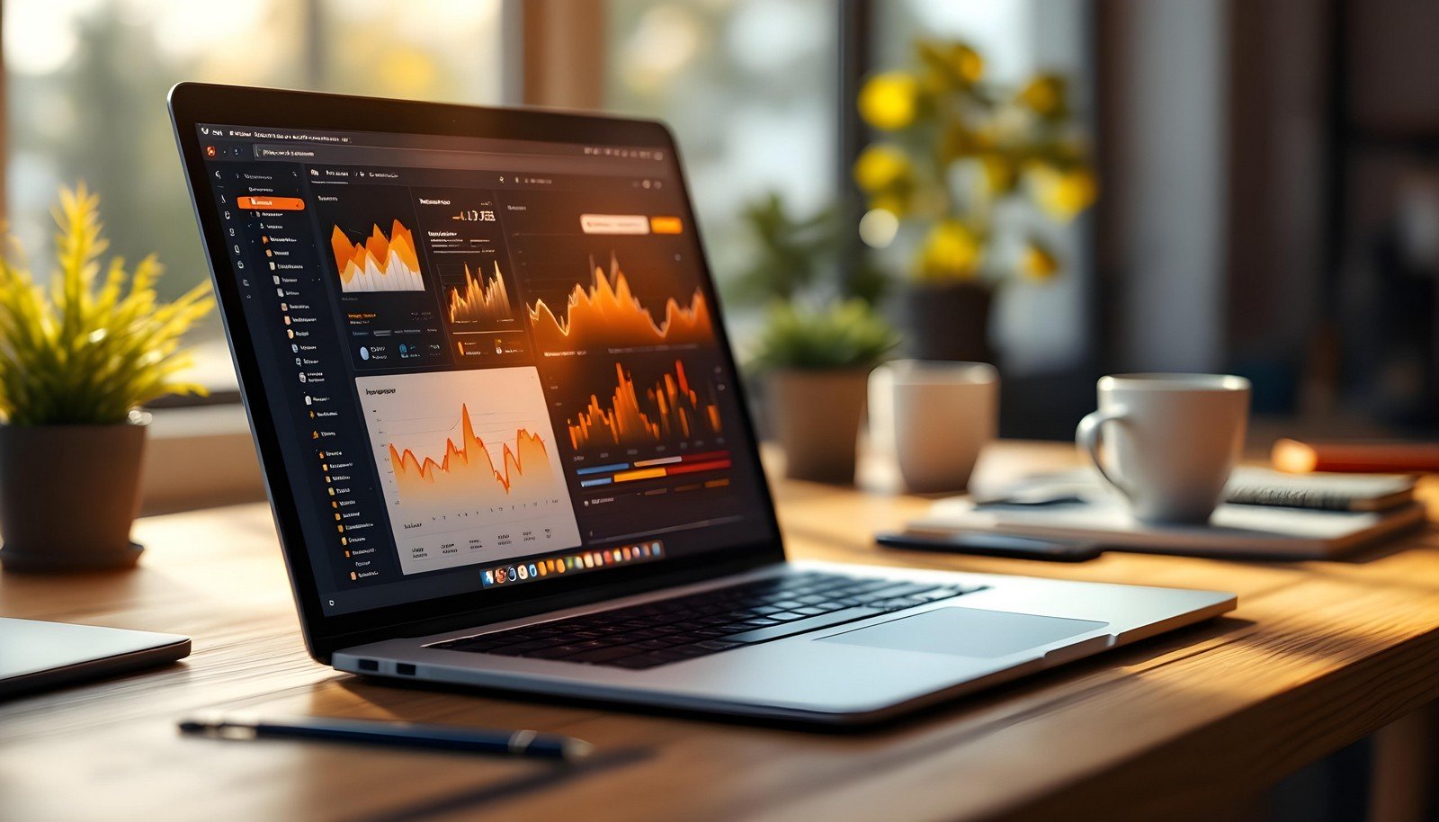 A sleek laptop displaying real-time edge computing analytics on its screen, set on a wooden desk with a blurred background featuring plants and coffee cups, symbolizing modern data processing solutions.