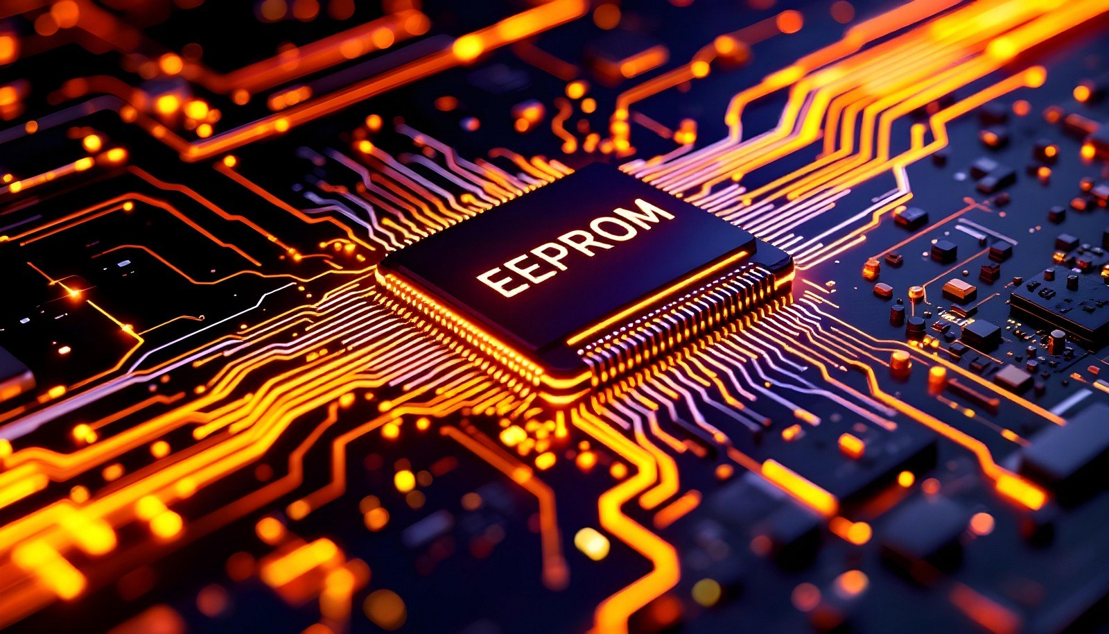 A close-up illustration of an EEPROM chip on a glowing circuit board, highlighting its connections and role in electronic systems.