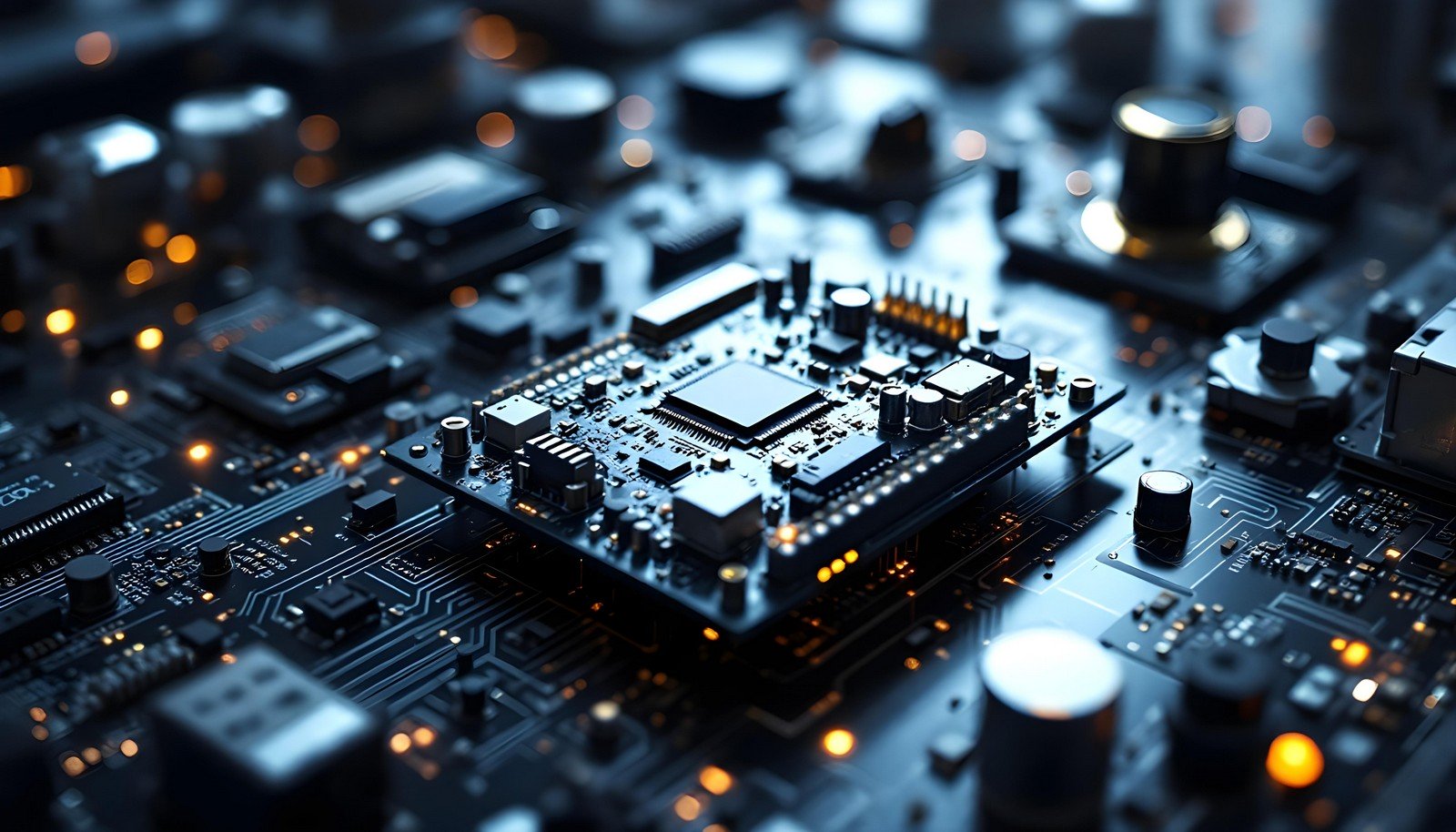 Close-up view of a circuit board featuring an embedded controller microchip, surrounded by electronic components and illuminated by small indicator lights, symbolizing its role in managing complex device operations.