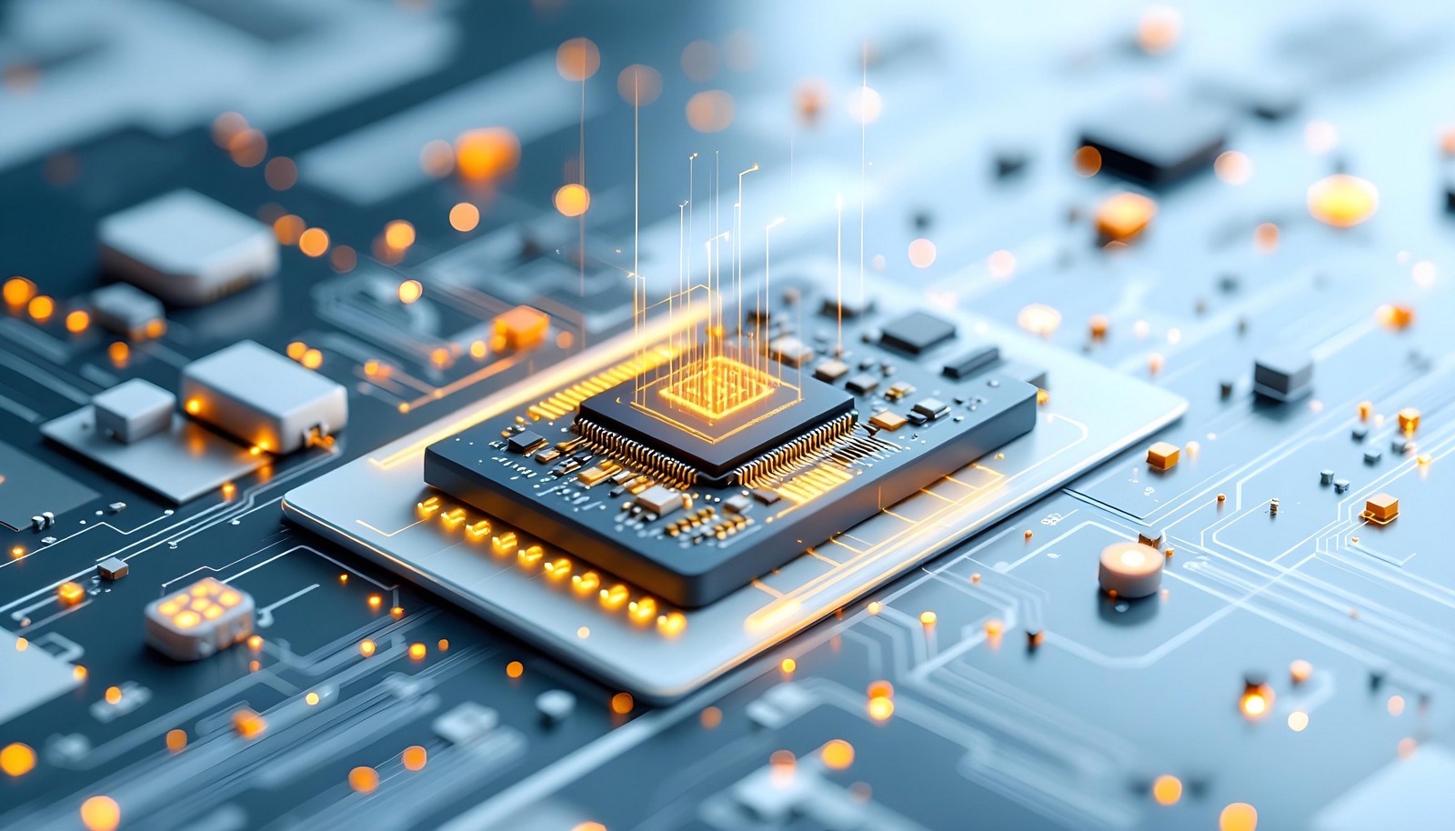 Close-up view of a microprocessor on a circuit board, illustrating the concept of embedded systems with glowing connections symbolizing data flow and real-time operations.