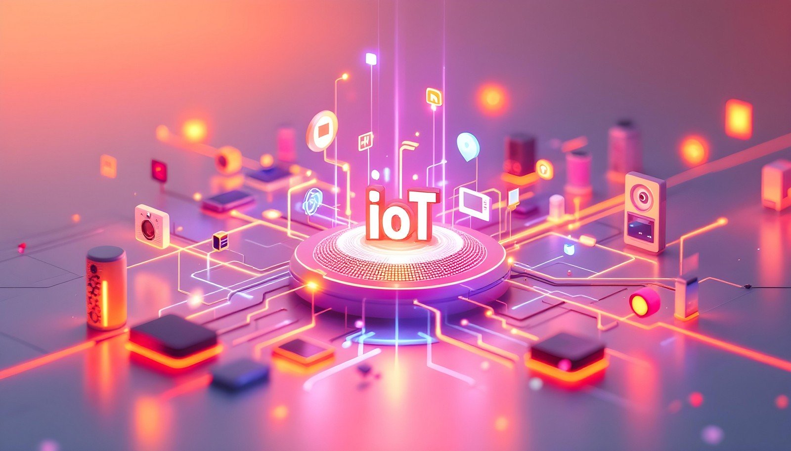 An artistic visualization of IoT (Internet of Things) showing interconnected devices like smart gadgets, sensors, and appliances communicating through a vibrant, futuristic network.