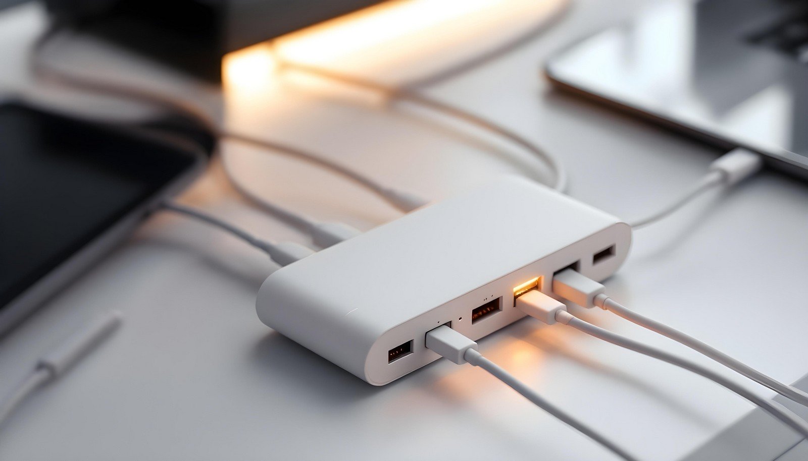 "A sleek white expansion hub on a desk, connected to multiple devices via USB cables, illustrating its use for expanding connectivity in modern setups."