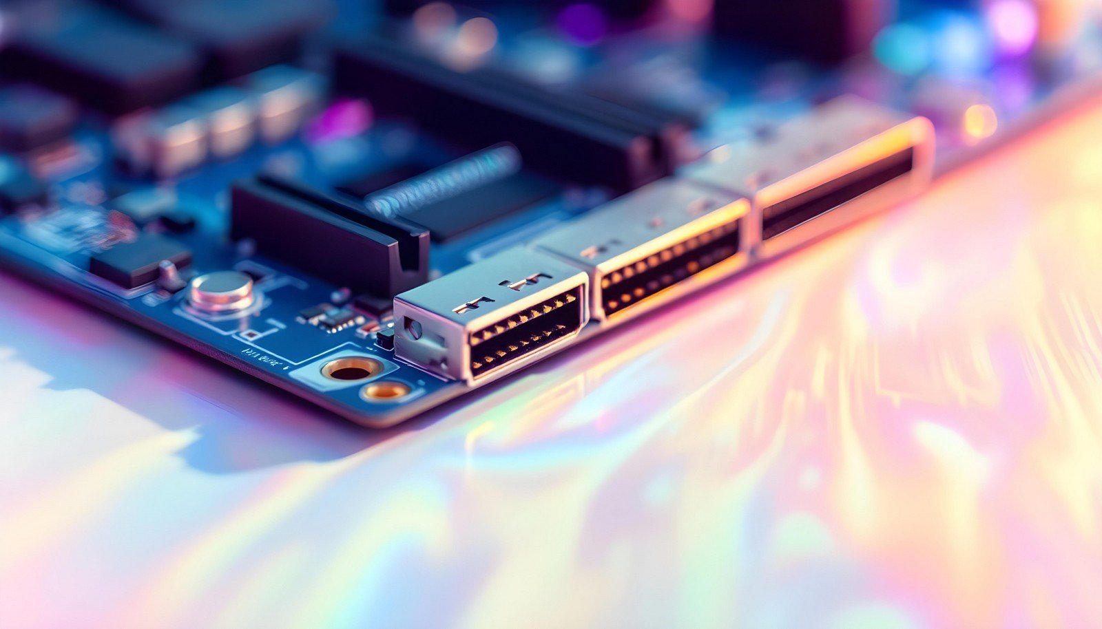 A close-up image of a motherboard with PCIe expansion slots, reflecting a colorful gradient light effect, highlighting modern computer hardware design.