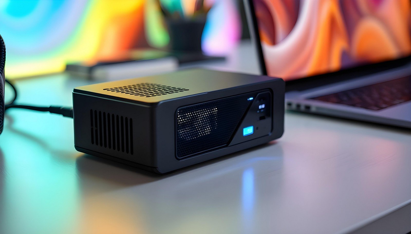 A sleek external GPU enclosure connected to a laptop, enhancing its graphics processing capabilities for gaming and creative tasks.