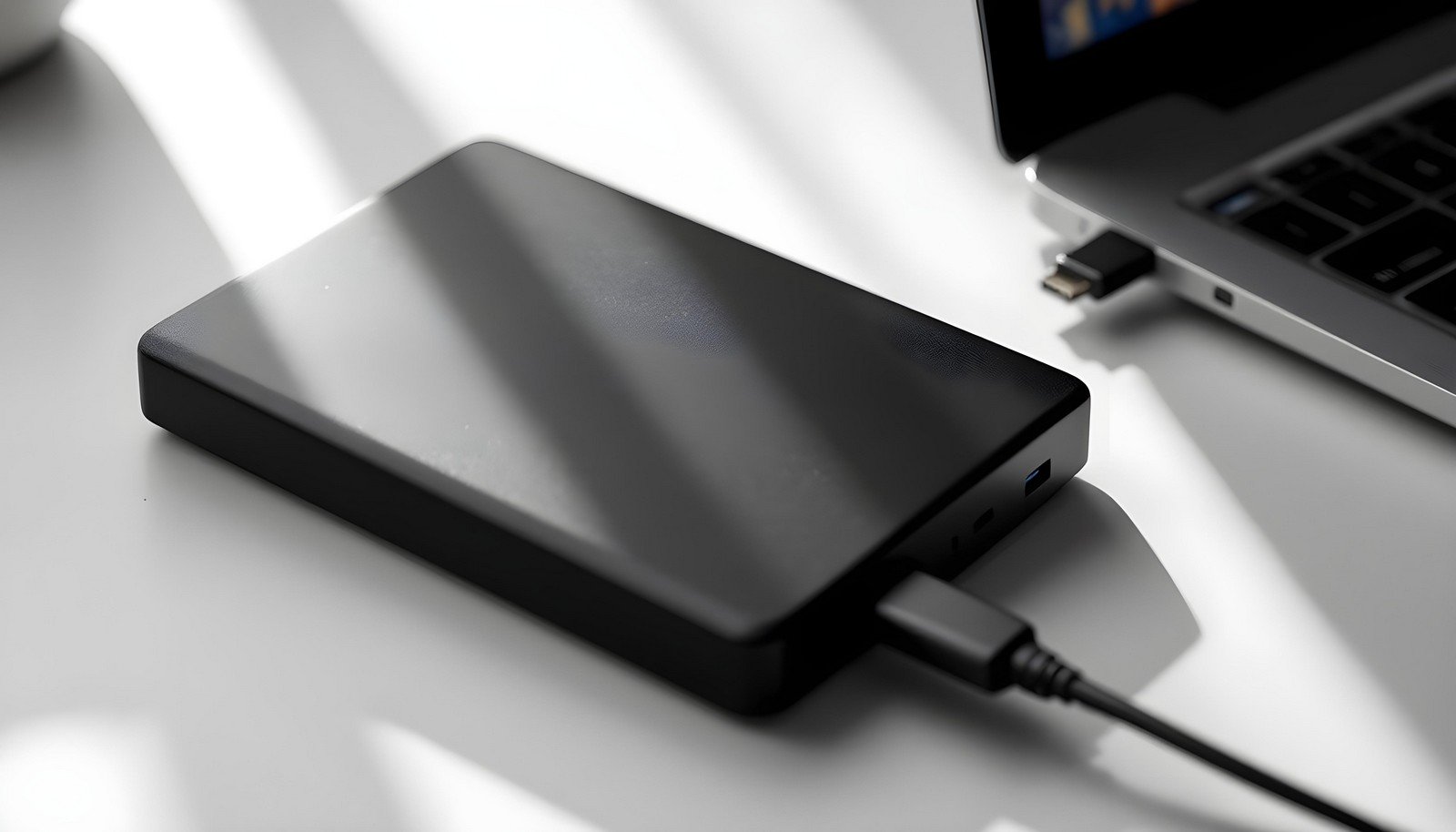 A sleek black external hard disk drive (HDD) connected to a laptop via a USB cable, placed on a modern white desk, illuminated by soft light and shadows.