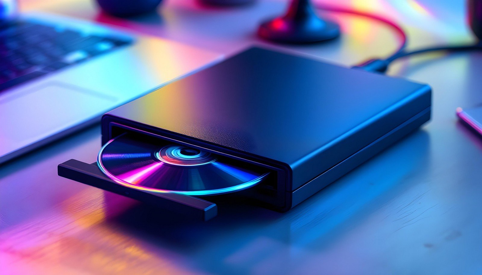 An external optical drive with a sleek black design connected to a laptop via USB, with a vibrant CD partially ejected, reflecting colorful light patterns in a modern, illuminated workspace.