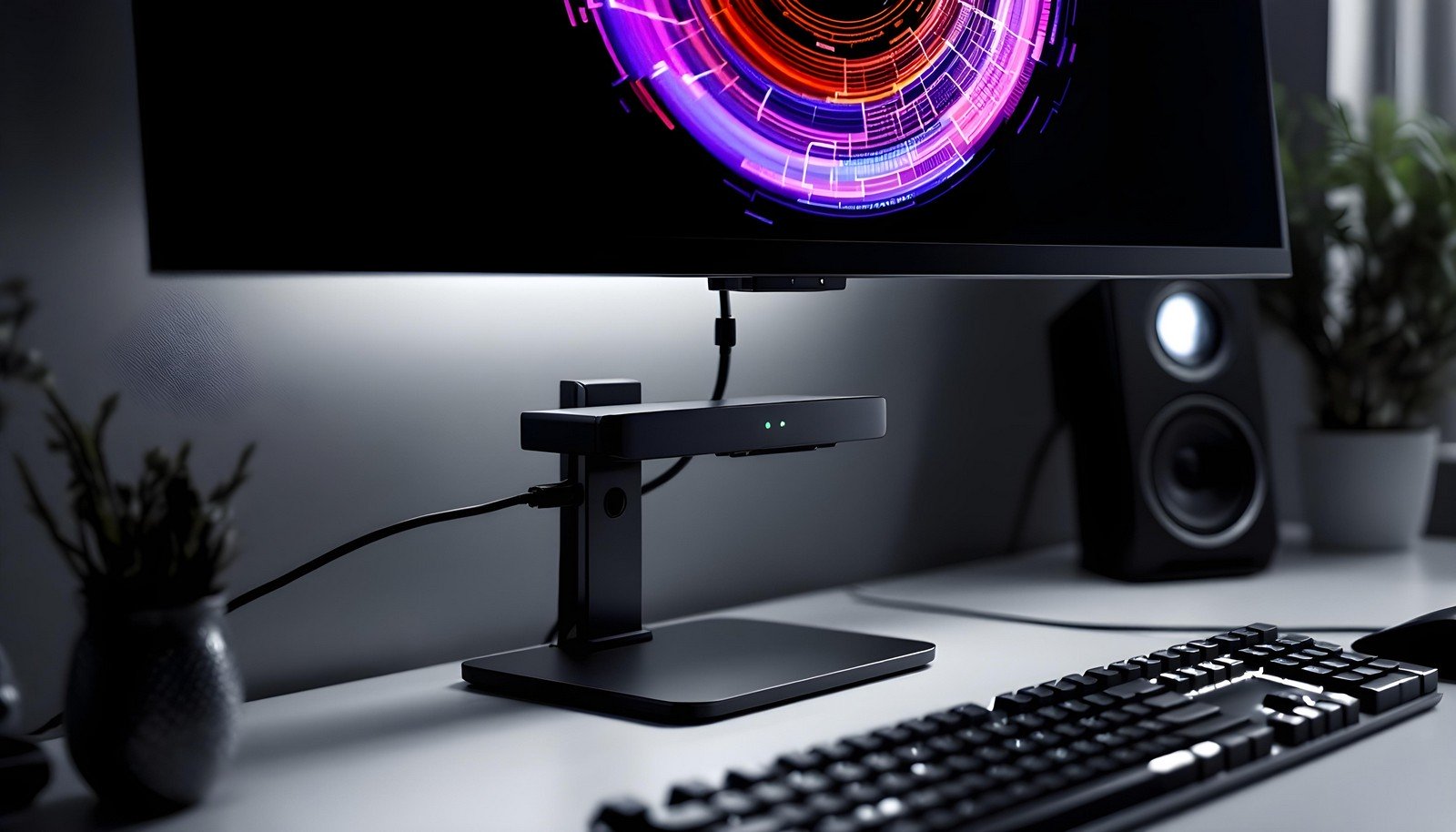 A modern eye tracker setup on a desk, featuring a sleek black design and connected to a monitor with a colorful circular interface. The image highlights its use in precise gaze tracking and technology integration.