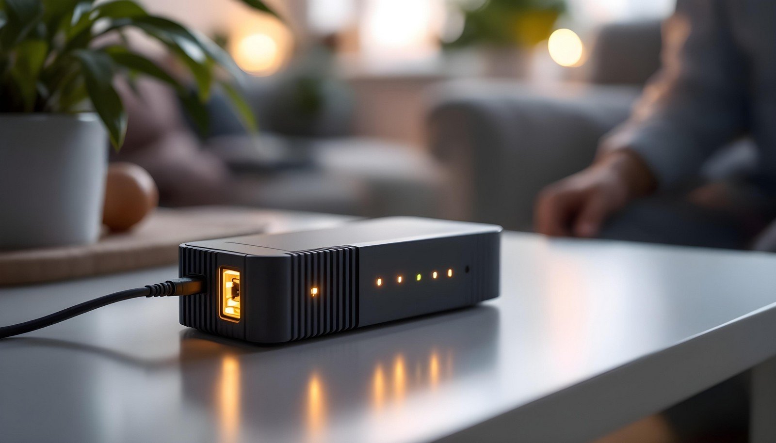 A sleek fiber optic modem placed on a desk, illuminated by its LED lights, with a cozy home background showcasing its modern design and functionality.