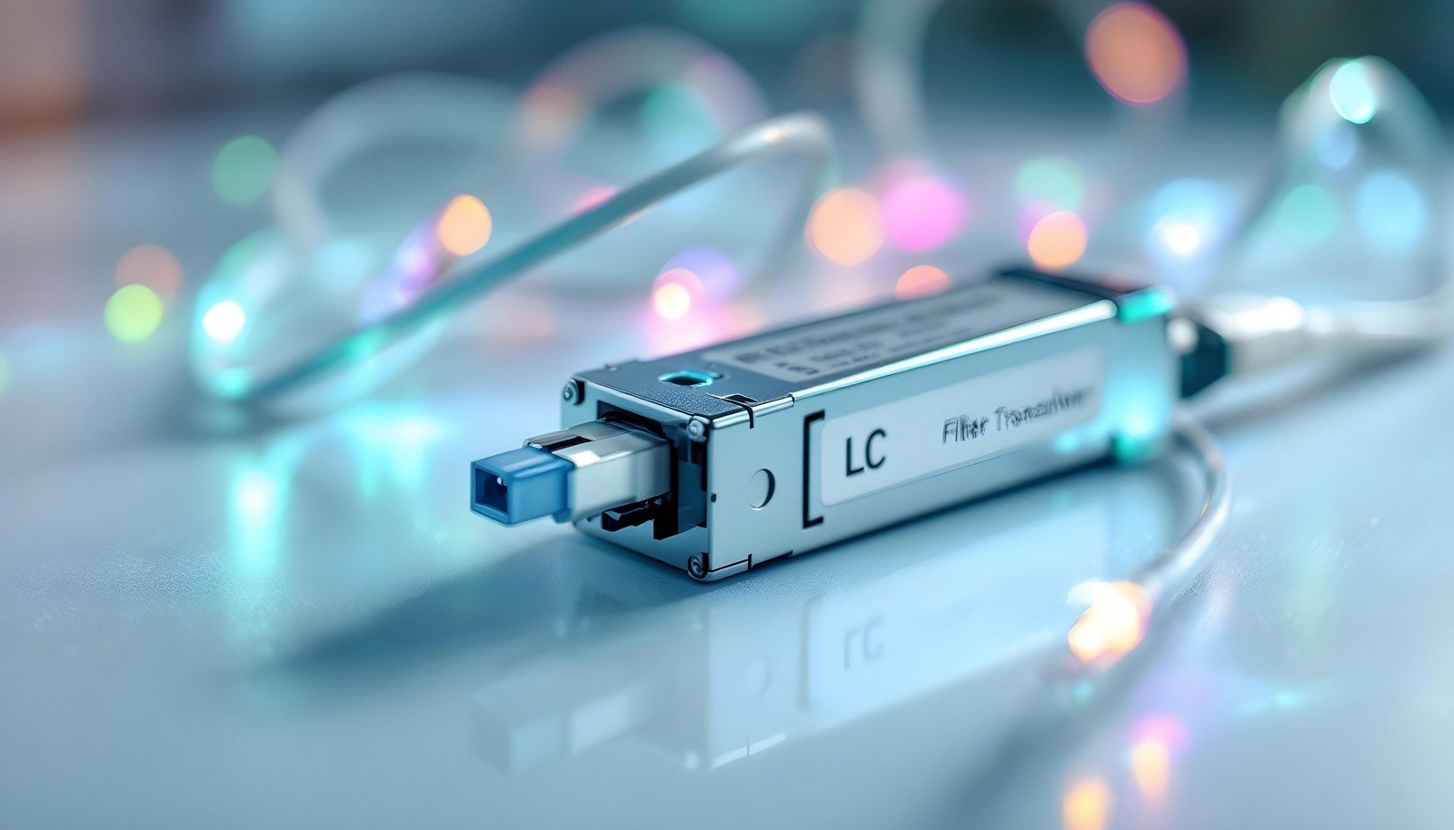 A close-up image of a fiber optic transceiver, showcasing its compact design and connection port, with glowing fiber optic cables in the background, symbolizing high-speed data transmission.