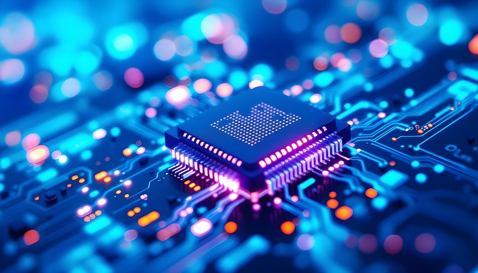 A vibrant, close-up image of a Field Programmable Gate Array (FPGA) on a circuit board, illuminated by glowing blue and orange lights, showcasing its advanced technology and programmable interconnects.