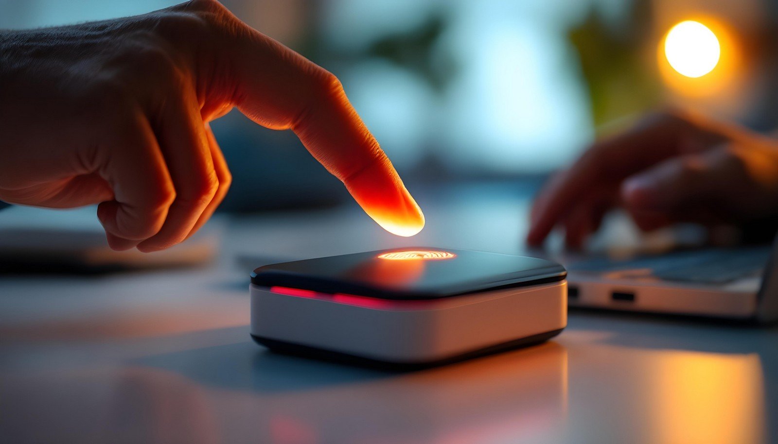 A close-up of a person's finger scanning a biometric fingerprint scanner, used for authentication, against a blurred background of a laptop in a dimly lit room.