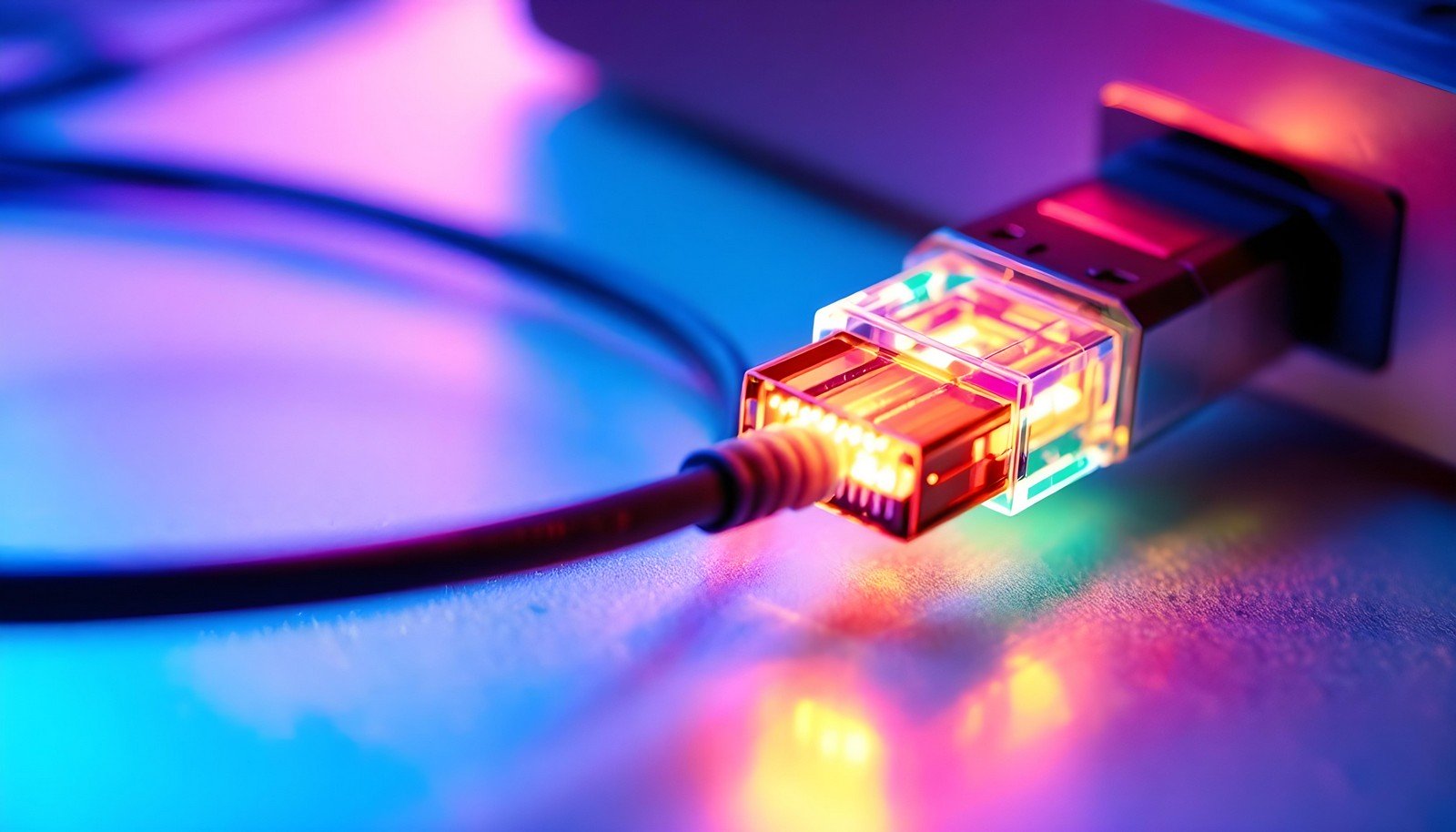 A colorful close-up of a FireWire cable plugged into a port, illuminated with vibrant neon lighting, symbolizing high-speed data transfer and connectivity.