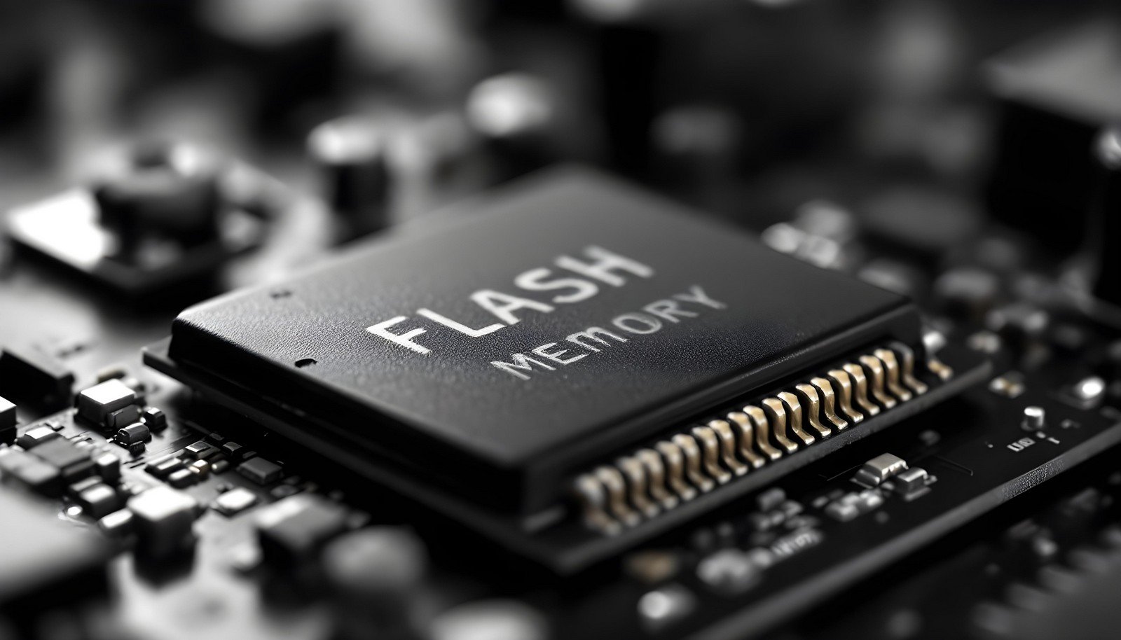 Close-up image of a Flash Memory chip on a circuit board, showcasing its intricate design and placement in electronic devices.