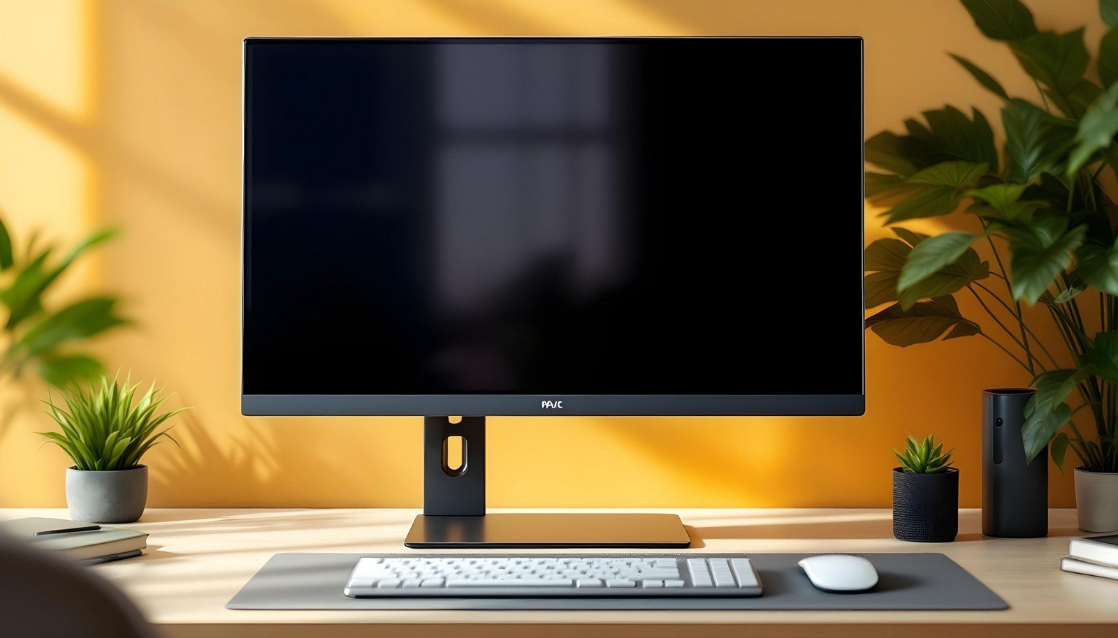 A modern flat-panel monitor on a desk with plants and accessories, featuring a sleek design, vibrant display, and ergonomic setup in a sunny home office.