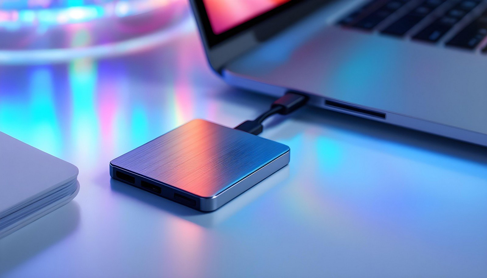 A sleek external SSD connected to a laptop, reflecting vibrant, colorful lights on the surface, illustrating modern and portable data storage technology.