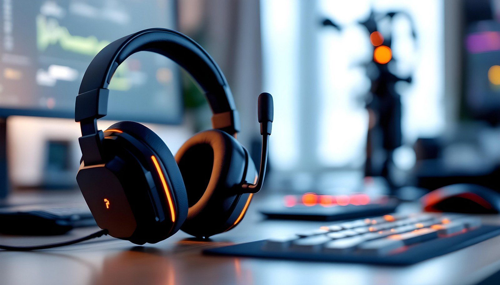 A close-up image of a sleek, modern gaming headset with glowing orange LED accents, placed on a desk near a keyboard and gaming monitor, showcasing a premium and immersive gaming setup.