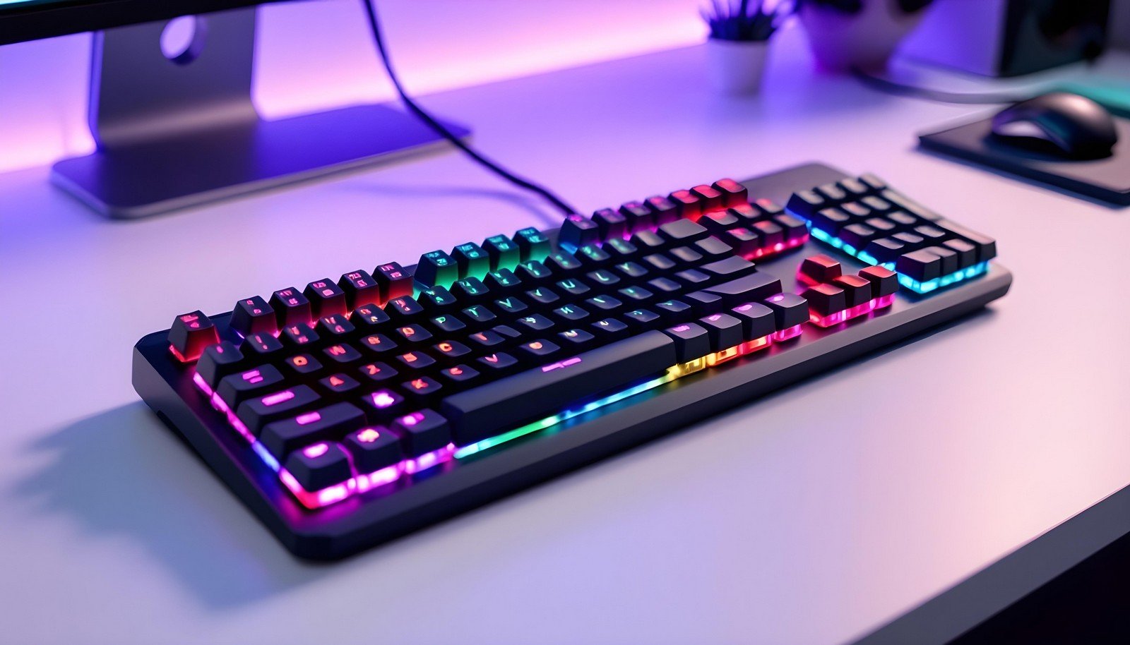 A sleek gaming keyboard with customizable RGB lighting glowing on a modern desk setup, showcasing vibrant colors and a gamer-friendly design.