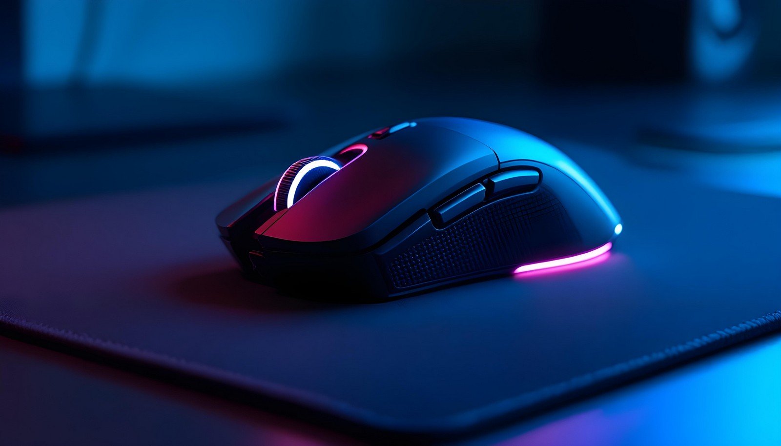 A sleek and modern gaming mouse with RGB lighting, ergonomic design, and customizable buttons, placed on a gaming mousepad under vibrant blue lighting.