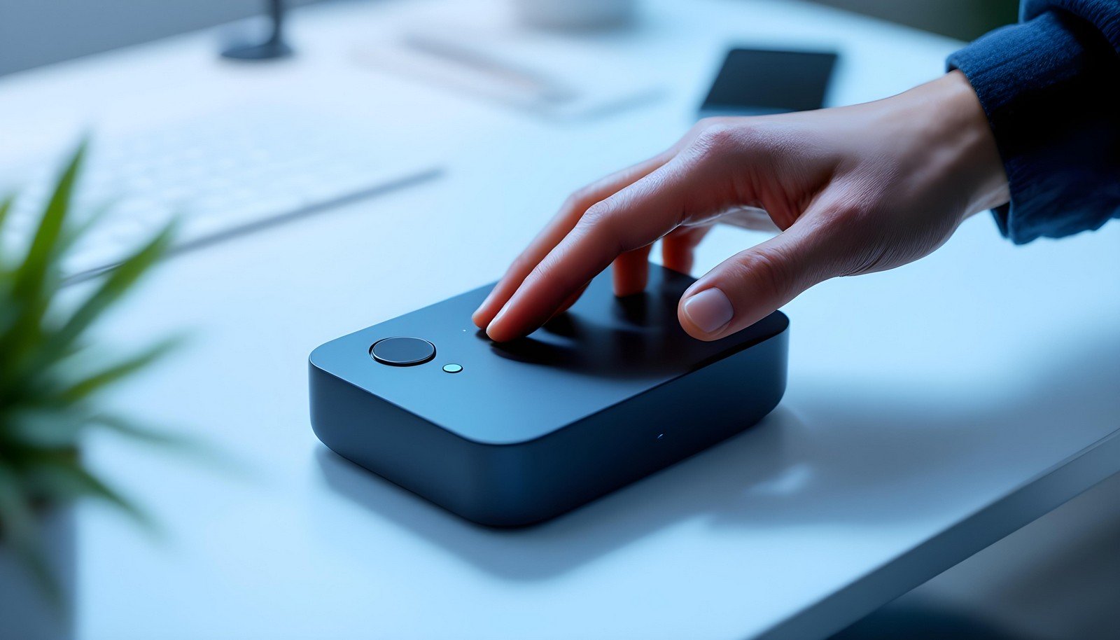 A close-up image of a hand interacting with a modern gesture controller device on a sleek white desk, showcasing the concept of touchless technology and motion-based control.