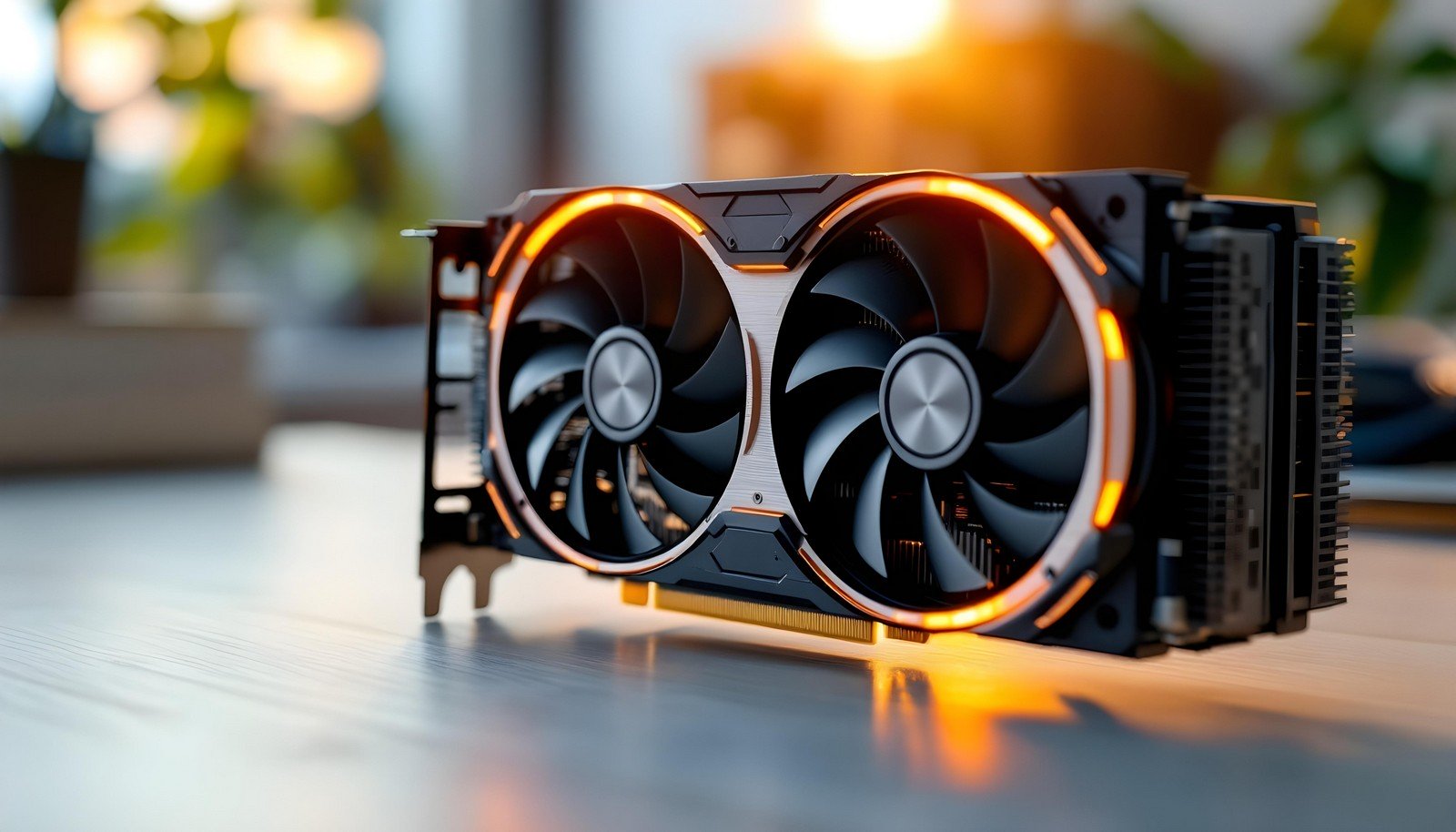 A sleek GPU cooler with dual fans, glowing orange LED accents, placed on a desk in a well-lit environment, representing advanced thermal management for high-performance graphics cards.