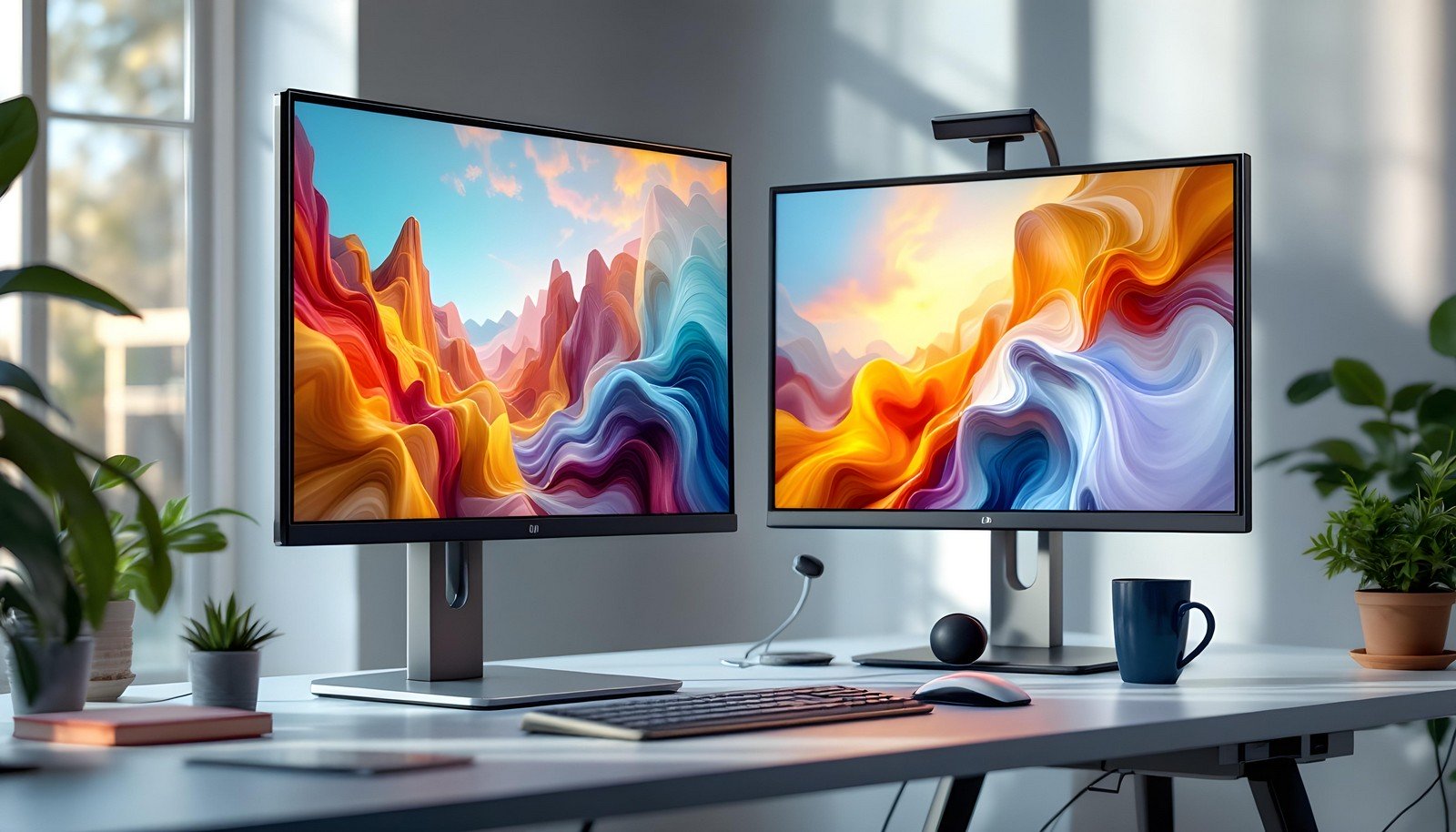 A dual HDR monitor setup on a modern desk, showcasing vibrant colors and high dynamic range visuals, suitable for gaming and professional work.