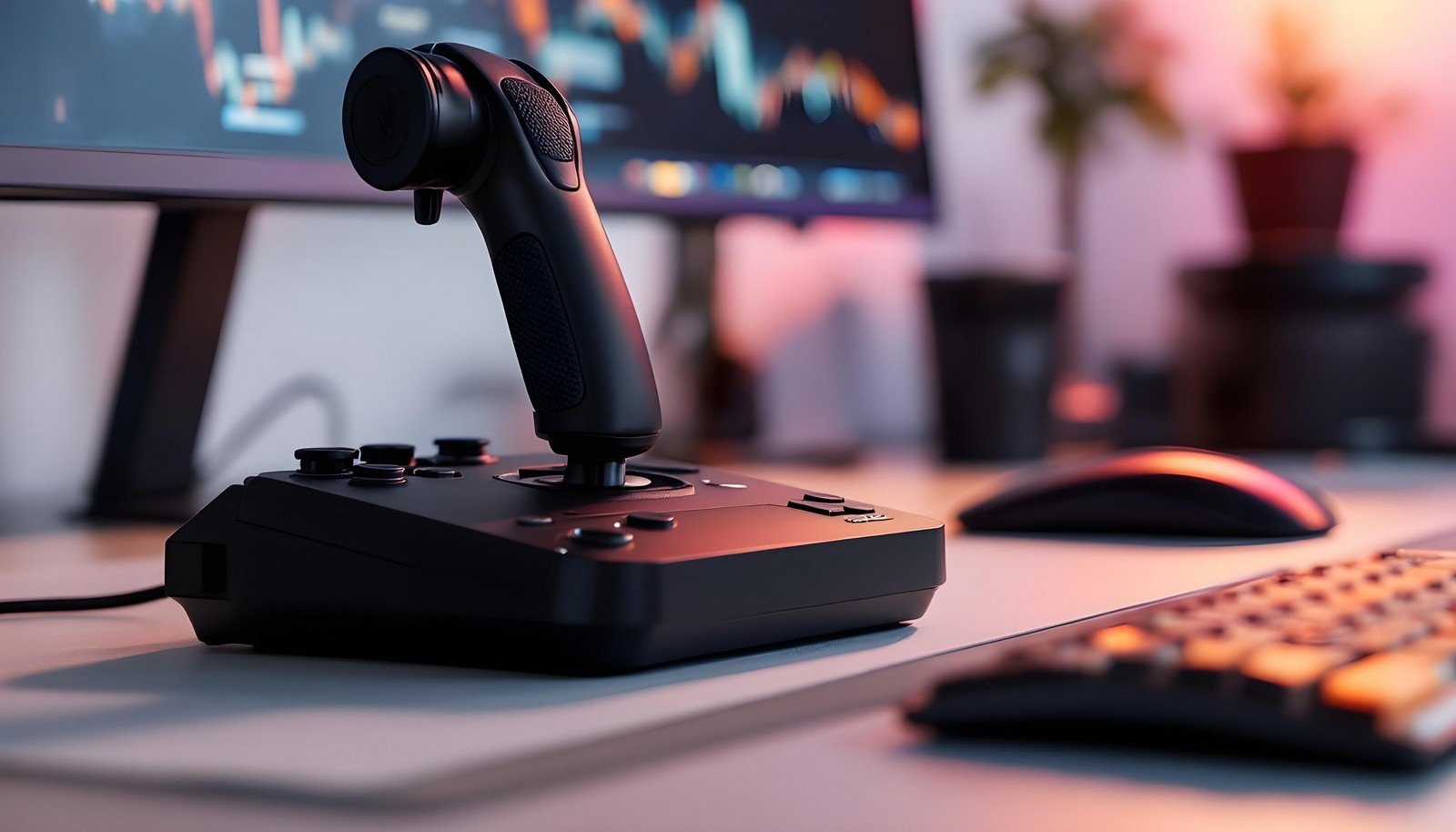 A modern flight stick placed on a desk, with a keyboard and mouse in the background, used for immersive gaming or aviation simulators.