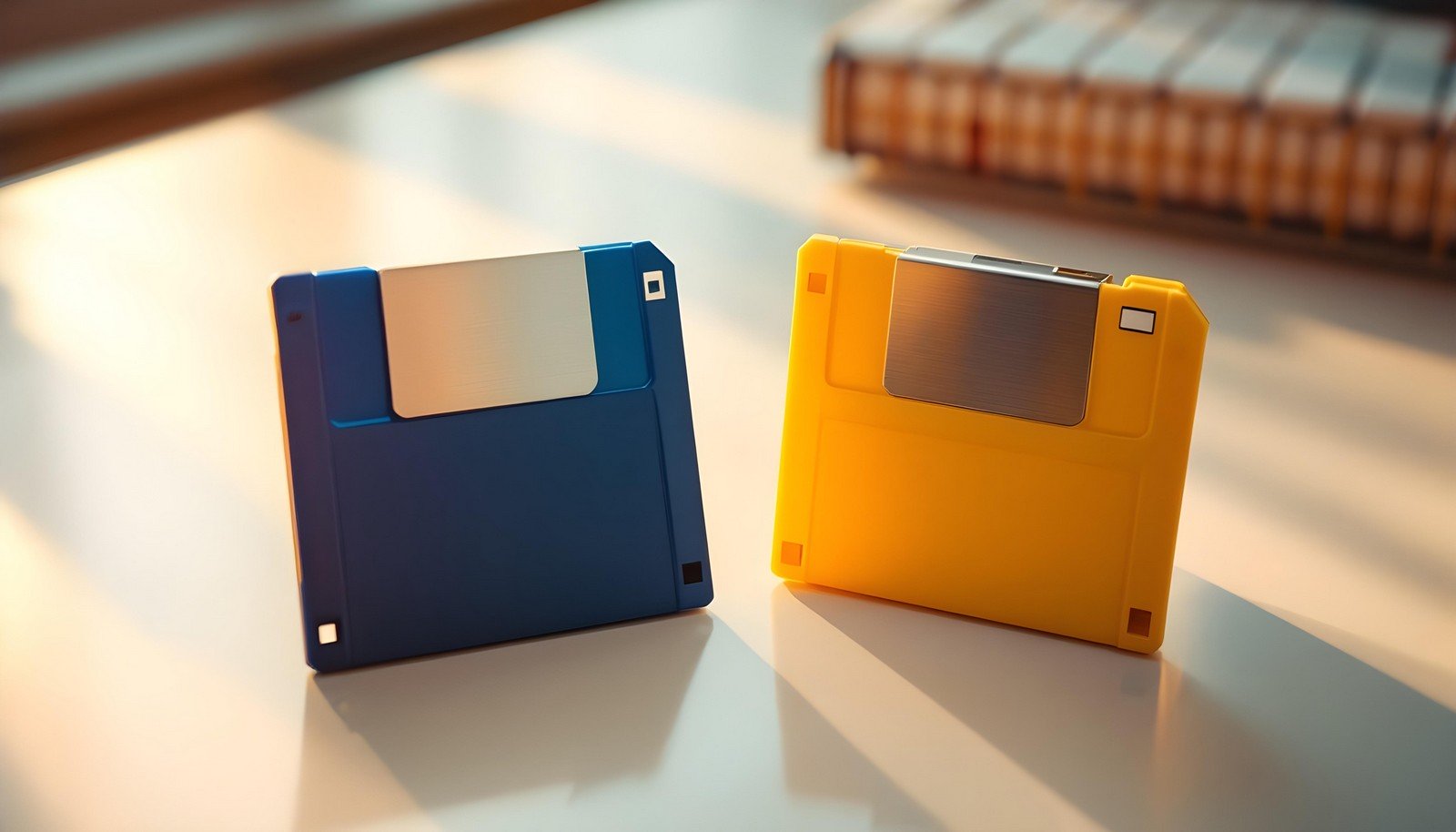 Two floppy disks, one blue and one yellow, standing upright on a light-colored desk with soft sunlight and a blurred background, symbolizing retro data storage technology.