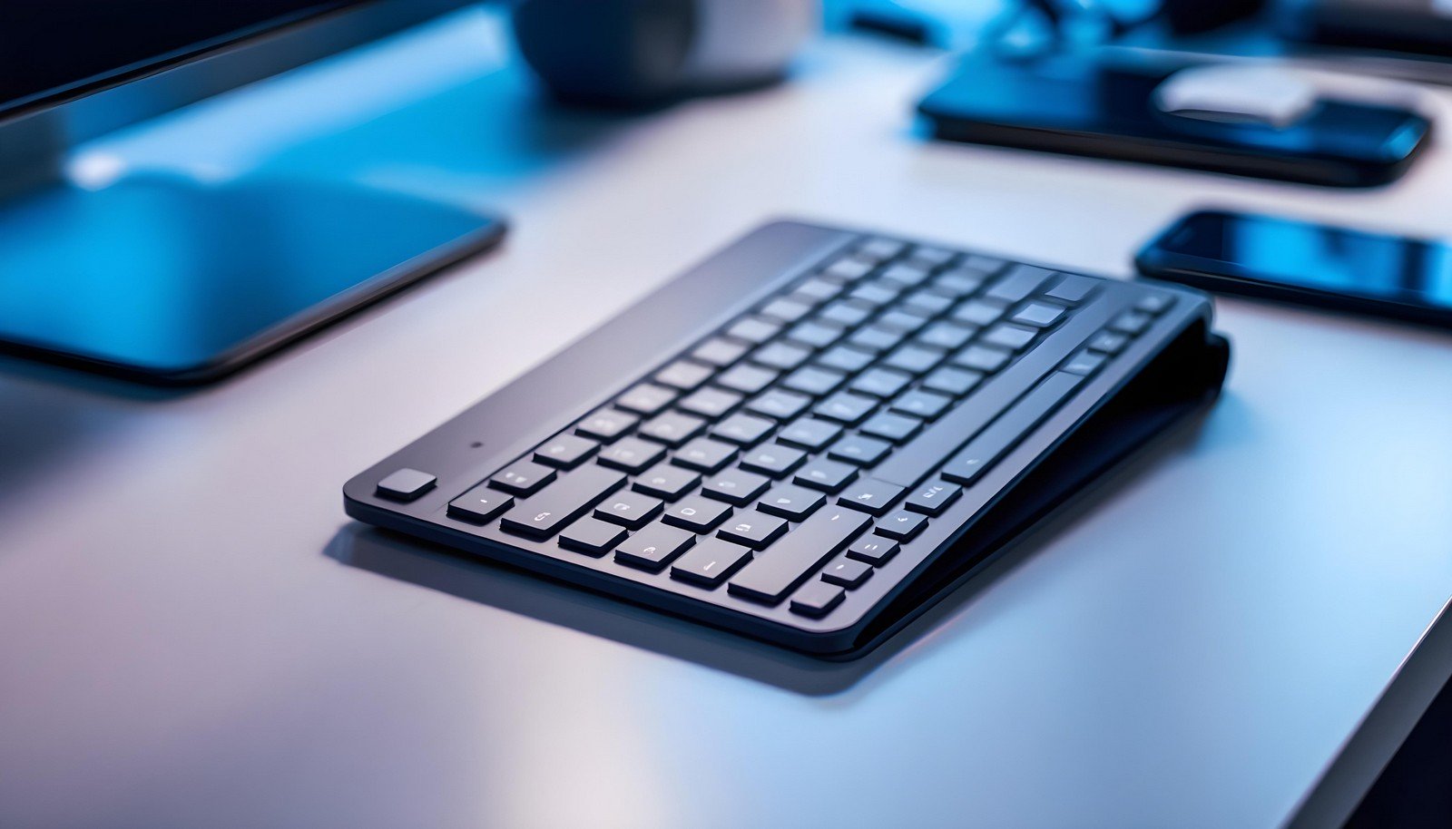 A sleek, foldable keyboard placed on a modern desk setup, illuminated by soft blue lighting, showcasing its compact and portable design ideal for mobile productivity.