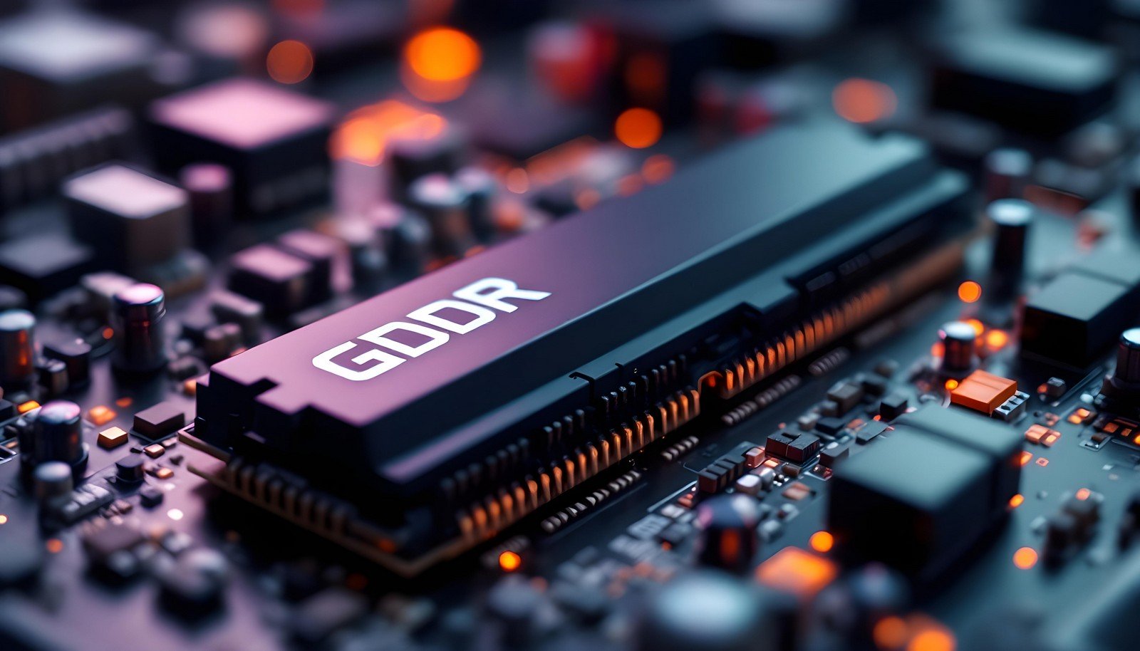 Close-up image of a modern GDDR memory module on a GPU motherboard, illuminated by glowing orange and purple LED lights, representing high-performance data transfer for gaming and AI applications.