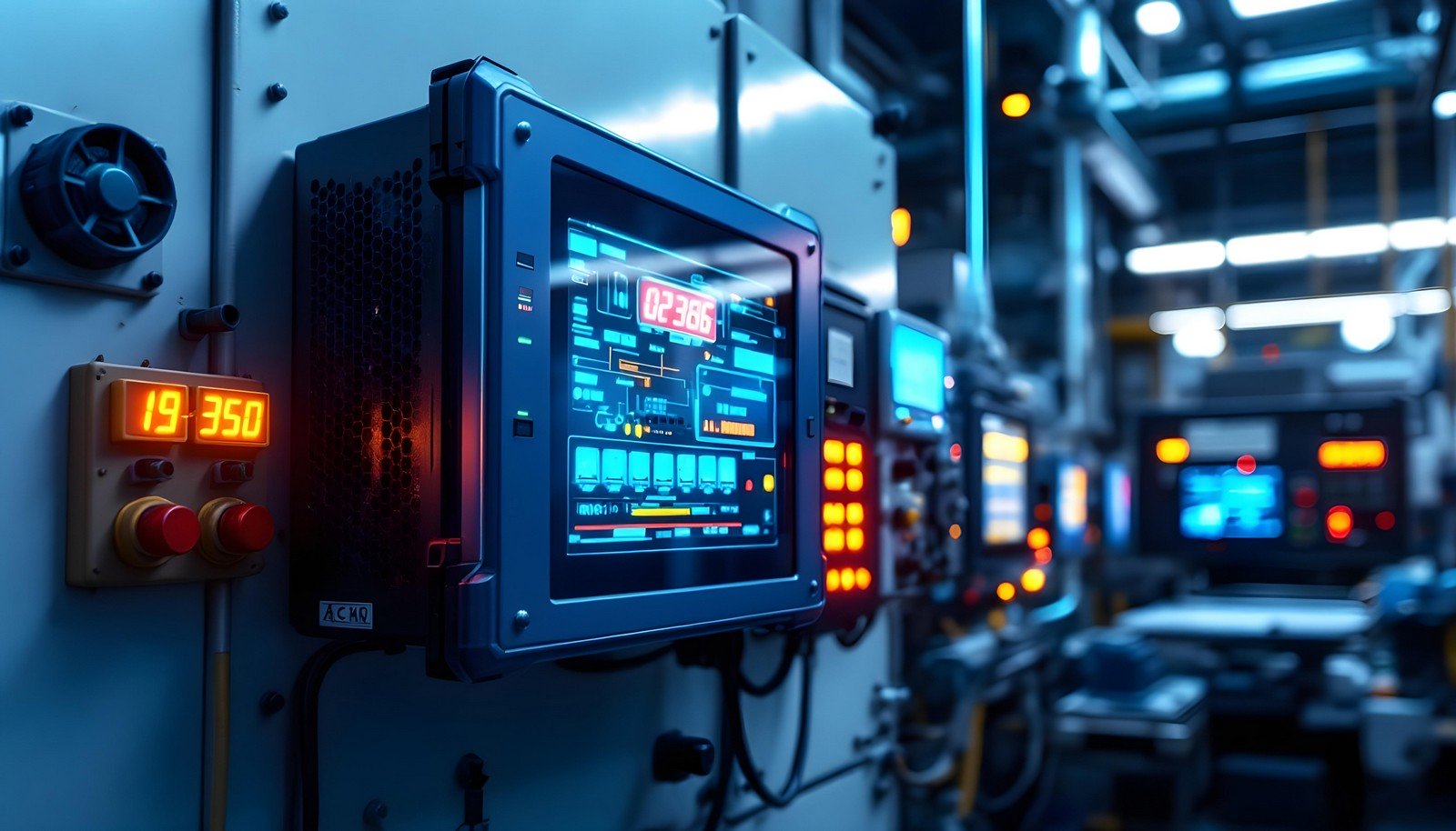 A high-tech industrial environment showcasing an Industrial PC with a sleek touchscreen interface, surrounded by ruggedized equipment and illuminated control panels, designed for reliability and efficiency in automation systems.