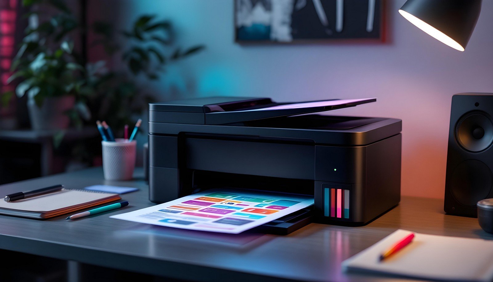 A modern inkjet printer on a desk with a vibrant color print emerging, surrounded by office supplies and illuminated by a warm desk lamp.