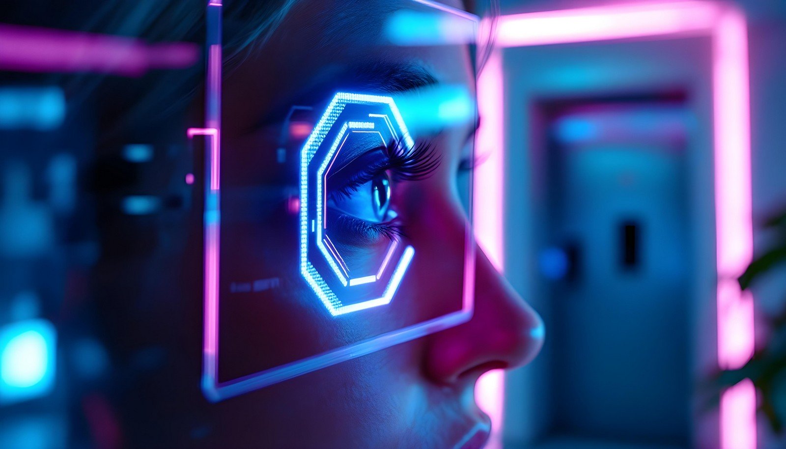 Close-up of a futuristic iris scanner analyzing a human eye, glowing with blue and pink neon lights, illustrating advanced biometric technology in a high-tech environment.