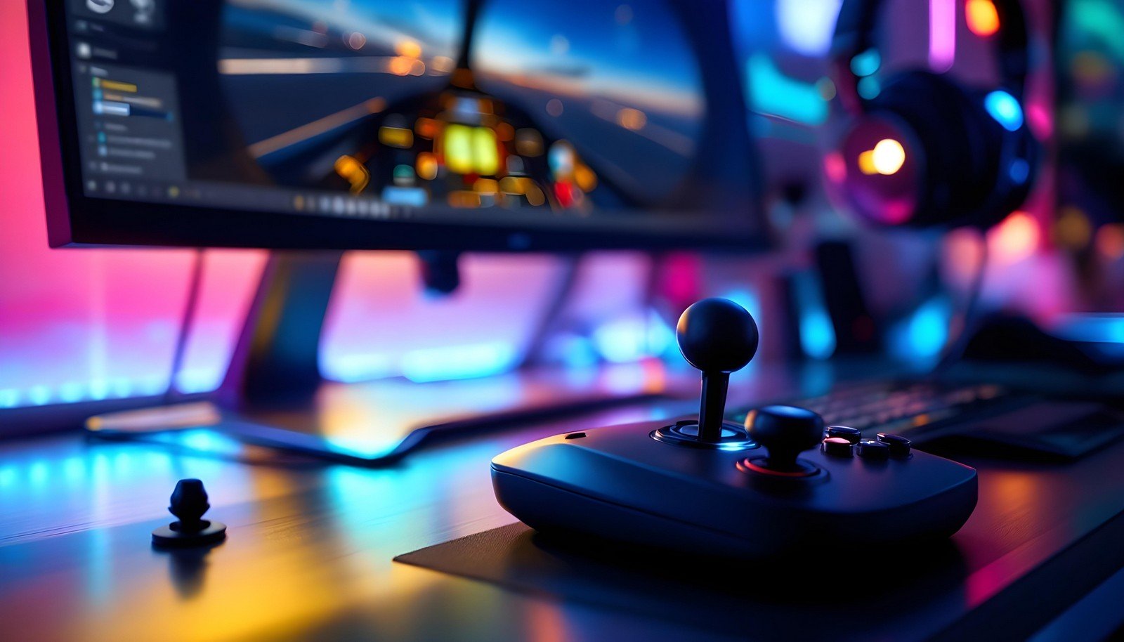 A close-up of a modern gaming joystick placed on a sleek desk with vibrant neon lighting, accompanied by a computer monitor displaying a flight simulator.