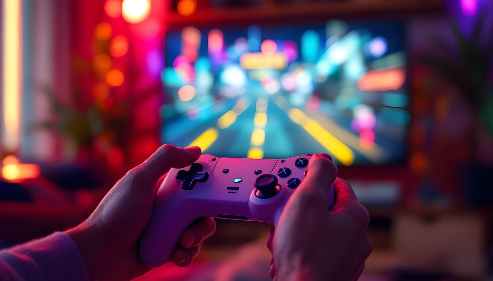 Hands holding a haptic feedback controller with a vibrant, blurred gaming screen in the background, showcasing an immersive gaming experience with tactile interaction.