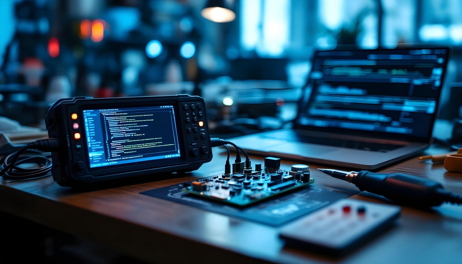 A hardware debugging setup featuring a compact hardware debugger displaying code on its screen, connected to a circuit board with a laptop in the background, representing real-time embedded system debugging.