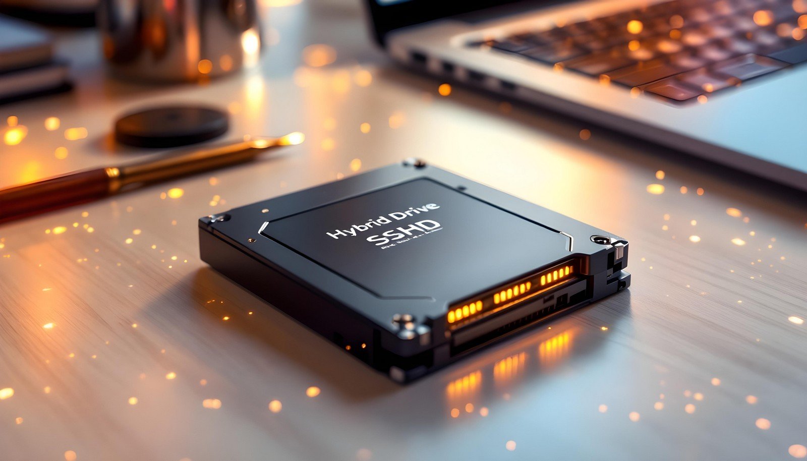 A sleek Hybrid Drive SSHD placed on a desk, illuminated by warm ambient lighting, with a blurred laptop and pen in the background, symbolizing a balance of high speed and large storage capacity.