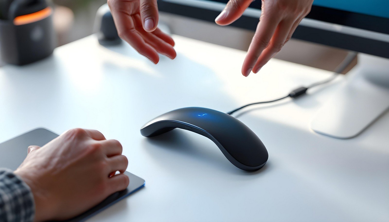 Close-up of a sleek motion controller device on a white desk, with hands interacting above it, showcasing precision control technology used in robotics and gaming.