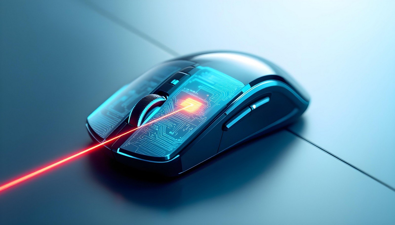 Close-up image of a sleek and modern laser mouse with a visible red laser beam and a futuristic transparent design showing internal circuitry, highlighting precision technology.