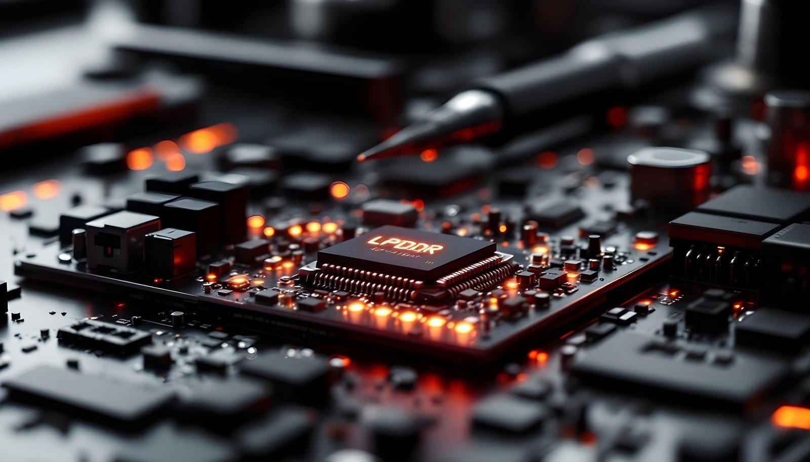 A high-tech close-up image of an LPDDR chip integrated into a circuit board, glowing with orange lights, symbolizing its energy-efficient performance in advanced electronic devices.