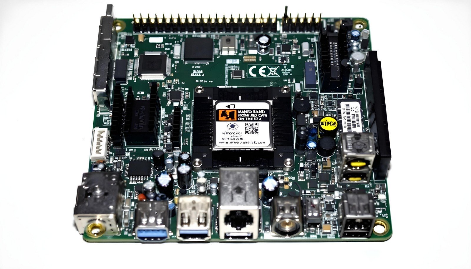 A detailed close-up image of a Mini-ITX motherboard showing its compact layout, connectors, and components, designed for small form-factor PCs.