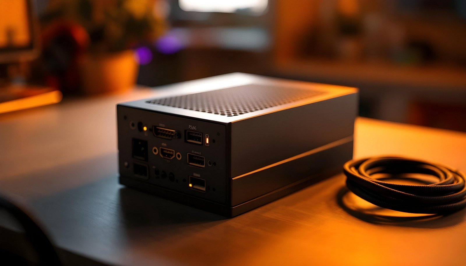 A sleek modular power supply unit (PSU) placed on a desk with detachable cables, showcasing its clean and organized design for improved cable management and airflow.