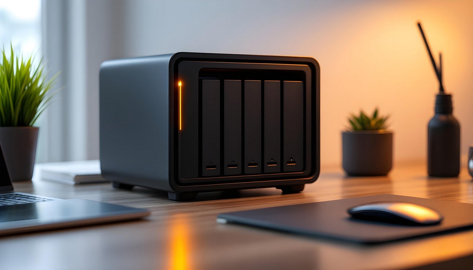 A sleek Network Attached Storage (NAS) device on a modern desk setup, surrounded by minimalistic office decor, showcasing its design and functionality in a professional environment.