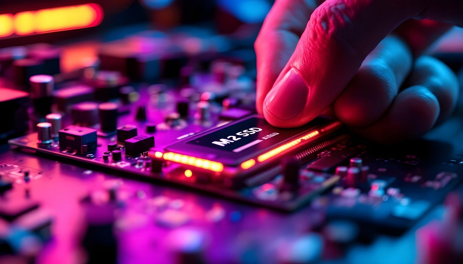 A close-up of a hand installing an M.2 SSD onto a computer motherboard, illuminated with vibrant neon lights, showcasing its compact design and advanced technology.