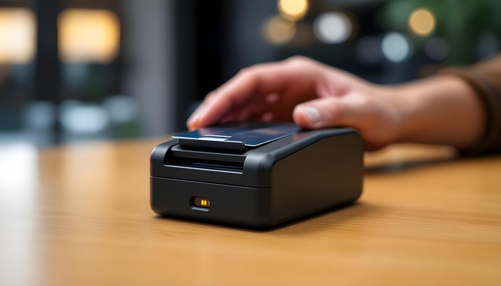 A close-up image of a magnetic card reader device on a wooden surface, with a hand holding a card above it, symbolizing card swipe technology.